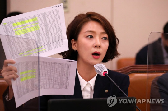 배현진 국민의힘 의원이 지난달 13일 오전 국회 문화체육관광위원회에서 열린 한국콘텐츠진흥원 등에 대한 국정감사에서 한국콘텐츠진흥원의 허위자료 제출에 대해 추궁하고 있다.<연합뉴스>